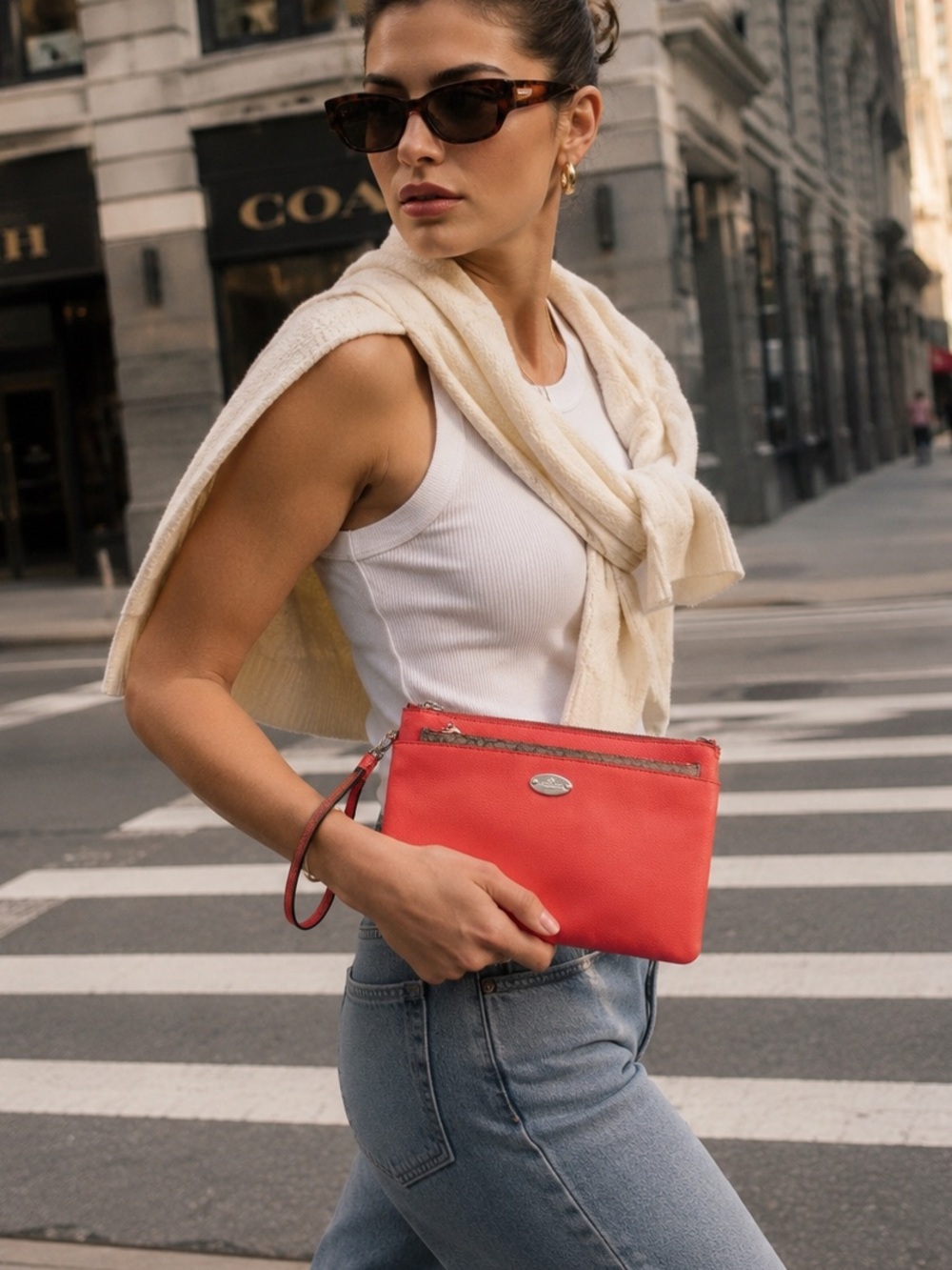 Coach F52598 Leather Pop Pouch Wristlet Clutch Coral NWT